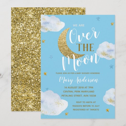 Moon Sky Blue Powder Blauw en Goud Baby shower Kaart (Voorkant / Achterkant)