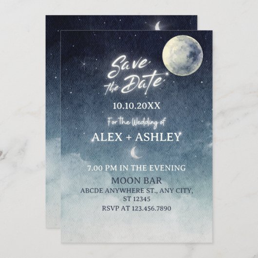 Moon sky lichtsterren waterverf save the date (Voorkant / Achterkant)