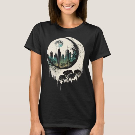 Moon Skyline City By Night Crescent Moon Aesthetic T-shirt (Voorkant)