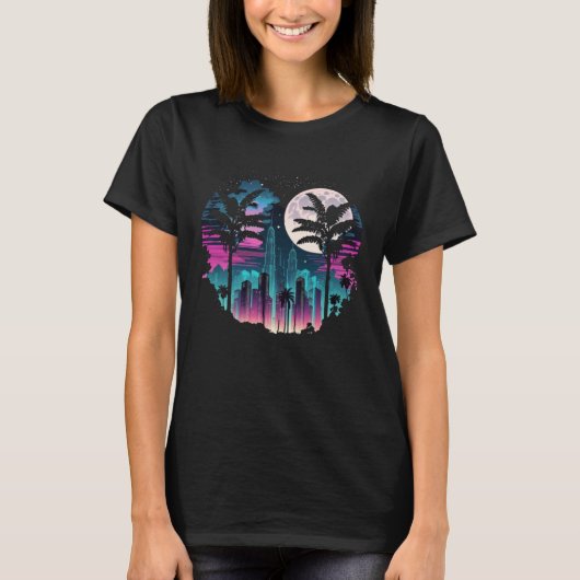 Moon Skyline City By Night Full Moon Vaporwave T-shirt (Voorkant)