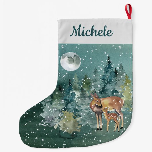 Moon Snowfall Waterverf Fawn Deer Forest Grote Kerstsok (Achterkant)