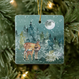 Moon Snowfall Waterverf Fawn Deer Forest Keramisch Ornament