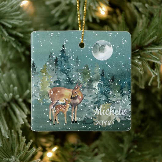Moon Snowfall Waterverf Fawn Deer Forest Keramisch Ornament (Boom)