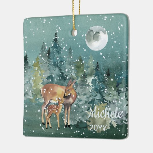 Moon Snowfall Waterverf Fawn Deer Forest Keramisch Ornament (Links)