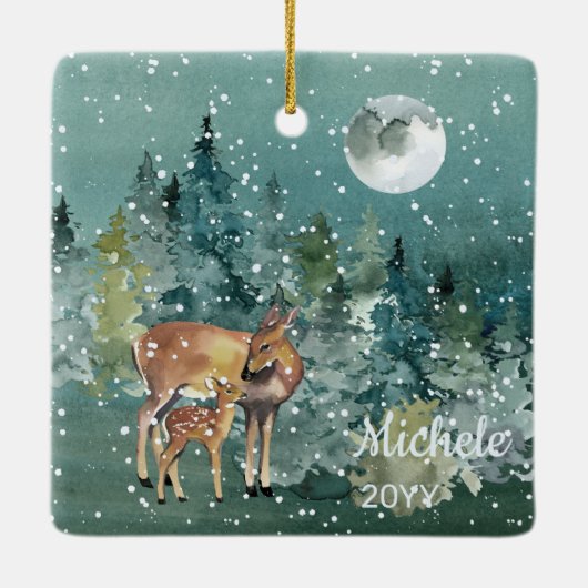 Moon Snowfall Waterverf Fawn Deer Forest Keramisch Ornament (Achterkant)
