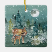 Moon Snowfall Waterverf Fawn Deer Forest Keramisch Ornament (Voorkant)