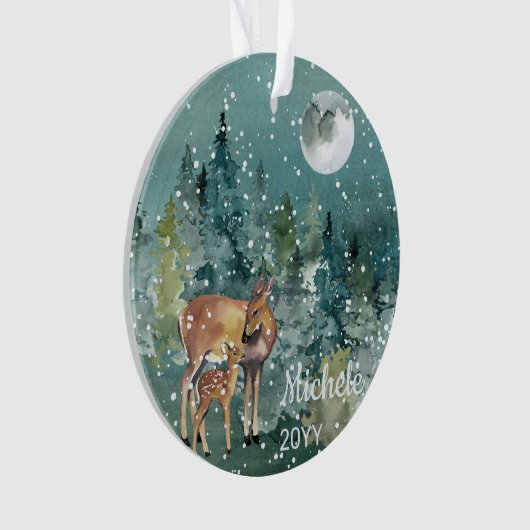 Moon Snowfall Waterverf Fawn Deer Forest Ornament (voorkant)