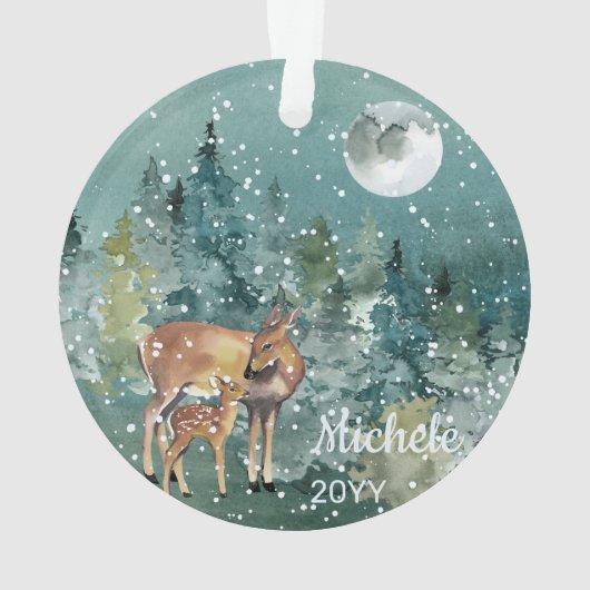 Moon Snowfall Waterverf Fawn Deer Forest Ornament (achterkant)