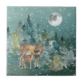 Moon Snowfall Waterverf Fawn Deer Forest Tegeltje (Voorkant)