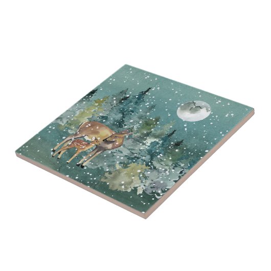 Moon Snowfall Waterverf Fawn Deer Forest Tegeltje (Zijkant)