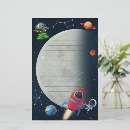 Moon Space Rocket Astronaut UFO Buitenaardse Kinde Briefpapier (Staand voorkant)