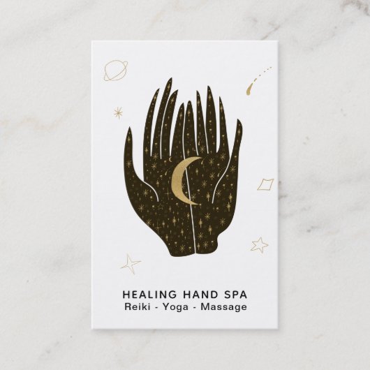 *~* Moon Space Stars Gold Healing Hands Celestial Visitekaartje (Voorkant)