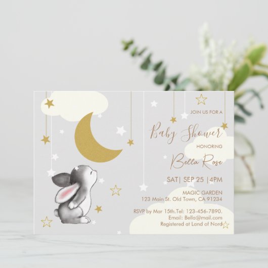 Moon Star Cloud Bunny Baby shower Uitnodiging (Staand voorkant)