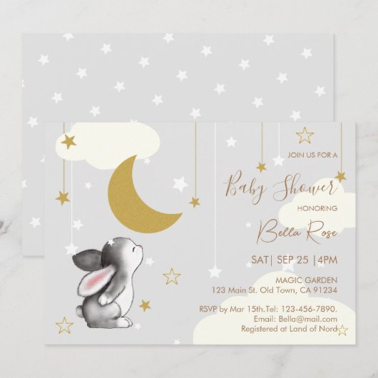 Moon Star Cloud Bunny Baby shower Uitnodiging (Voorkant / Achterkant)