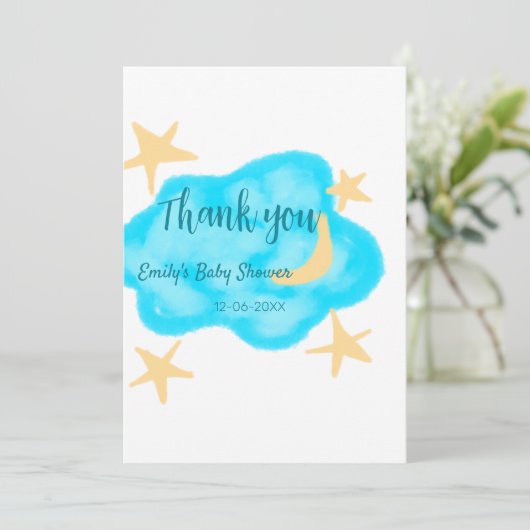 Moon star clouds waterverf baby shower naam toevoe save the date (Staand voorkant)