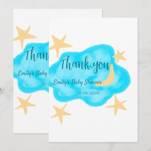 Moon star clouds waterverf baby shower naam toevoe save the date (Voorkant / Achterkant)