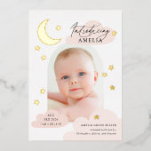 Moon Stars Arch Foto roze geboorteaankondiging Folie Uitnodiging (Voorkant)