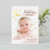 Moon Stars Arch Foto roze geboorteaankondiging Folie Uitnodiging (Staand Voorkant)