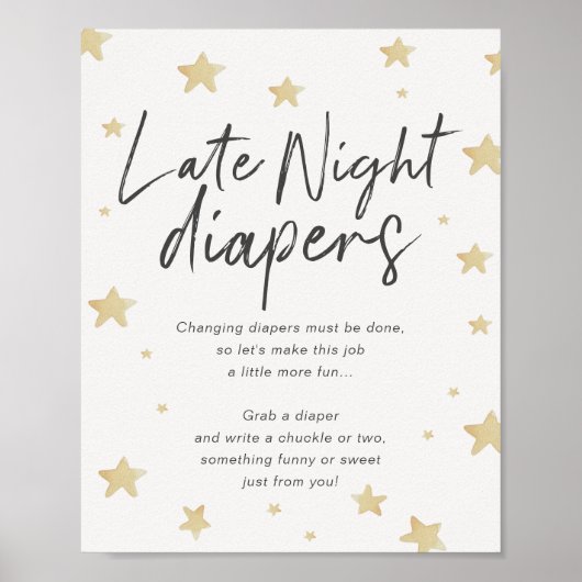 Moon Stars Baby shower Late Night Diapers Sign Poster (Voorkant)