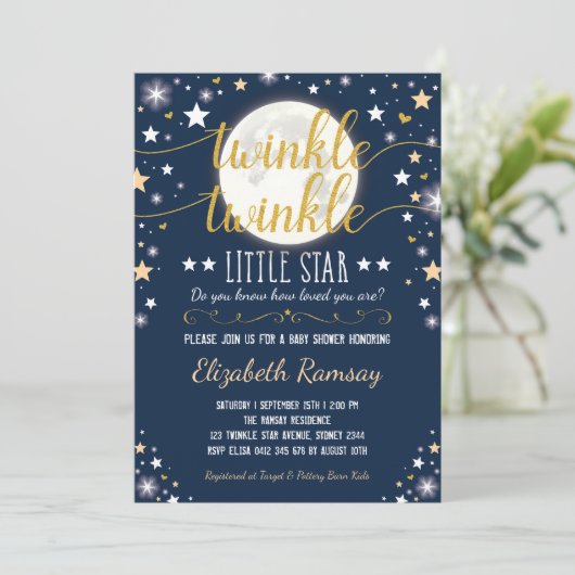 Moon & Stars Baby shower Navy Gold Twinkle Twinkle Kaart (Staand voorkant)
