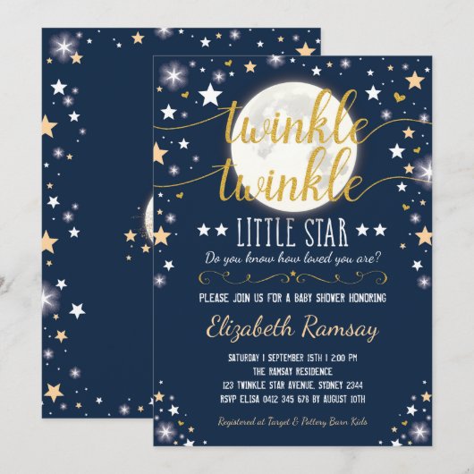 Moon & Stars Baby shower Navy Gold Twinkle Twinkle Kaart (Voorkant / Achterkant)