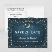 Moon & Stars Blauwgroen Gold & White Save Date Bri Aankondigingskaart (Voorkant / Achterkant)