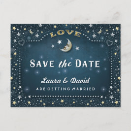Moon & Stars Blauwgroen Gold & White Save Date Bri Aankondigingskaart