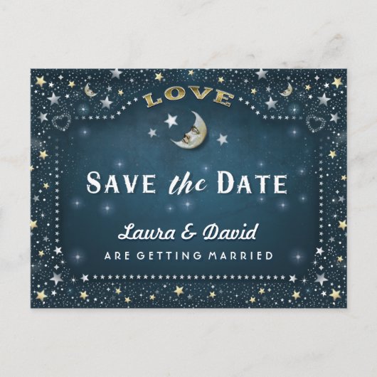 Moon & Stars Blauwgroen Gold & White Save Date Bri Aankondigingskaart (Voorkant)