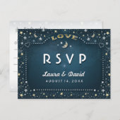 Moon & Stars Blauwgroen Goud & Wit Matching RSVP Uitnodiging Briefkaart (Voorkant / Achterkant)