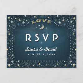 Moon & Stars Blauwgroen Goud & Wit Matching RSVP Uitnodiging Briefkaart