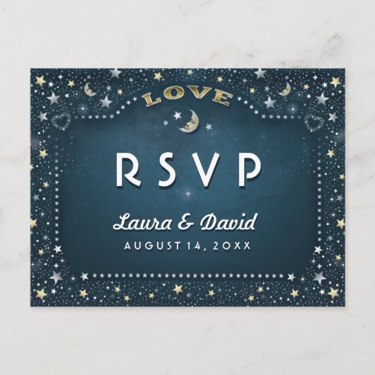 Moon & Stars Blauwgroen Goud & Wit Matching RSVP Uitnodiging Briefkaart (Voorkant)