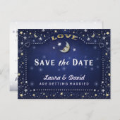 Moon & Stars Blue Gold & White Save Date Briefkaar Aankondigingskaart (Voorkant / Achterkant)