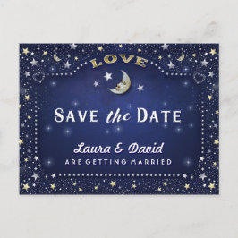 Moon & Stars Blue Gold & White Save Date Briefkaar Aankondigingskaart