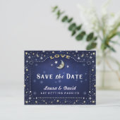 Moon & Stars Blue Gold & White Save Date Briefkaar Aankondigingskaart (Staand voorkant)