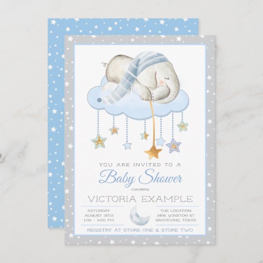 Moon Stars Boy Elephant Baby Shower Invitations Kaart (Voorkant / Achterkant)