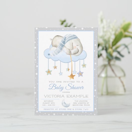 Moon Stars Boy Elephant Baby Shower Invitations Kaart (Staand voorkant)