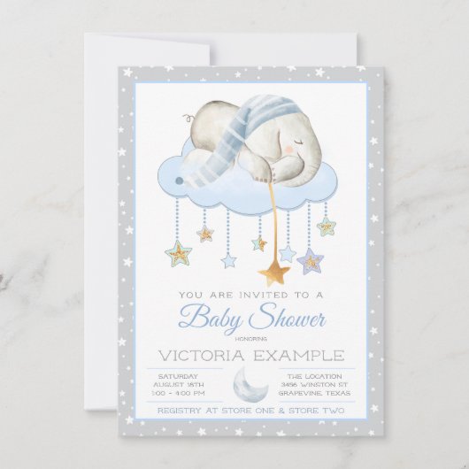 Moon Stars Boy Elephant Baby Shower Invitations Kaart (Voorkant)