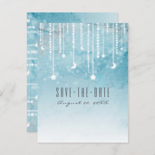 Moon & Stars Celestial Blue Modern Save the Date Aankondigingskaart (Voorkant / Achterkant)