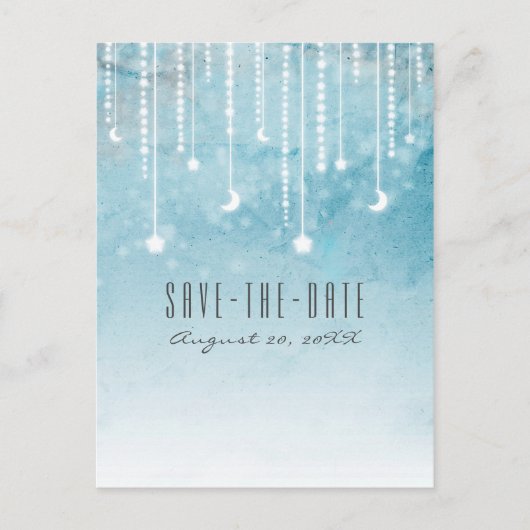 Moon & Stars Celestial Blue Modern Save the Date Aankondigingskaart (Voorkant)