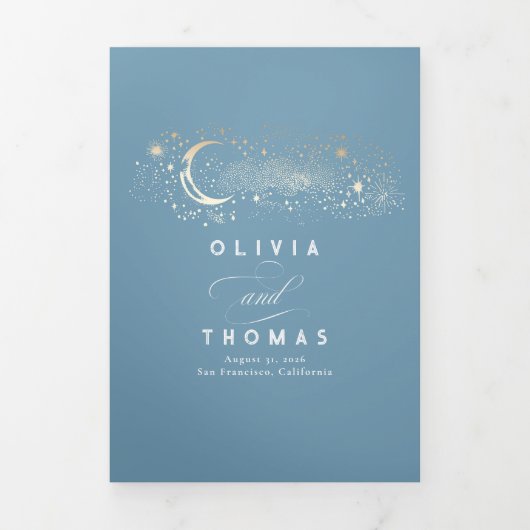 Moon Stars Celestial Dusty Blue Wedding Photo Drieluik Uitnodiging (Cover)