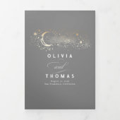 Moon Stars Celestial Grijs en Goud Trouwfoto Drieluik Uitnodiging (Cover)