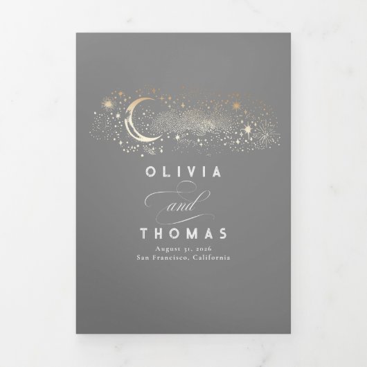 Moon Stars Celestial Grijs en Goud Trouwfoto Drieluik Uitnodiging (Cover)