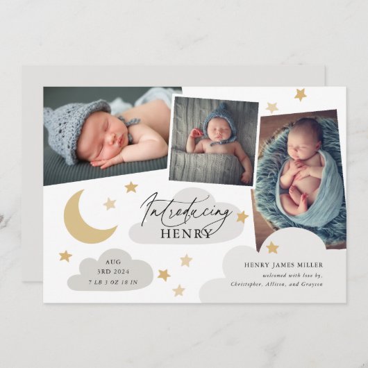 Moon Stars Clouds 3 Foto Collage Gray Aankondiging (Voorkant / Achterkant)