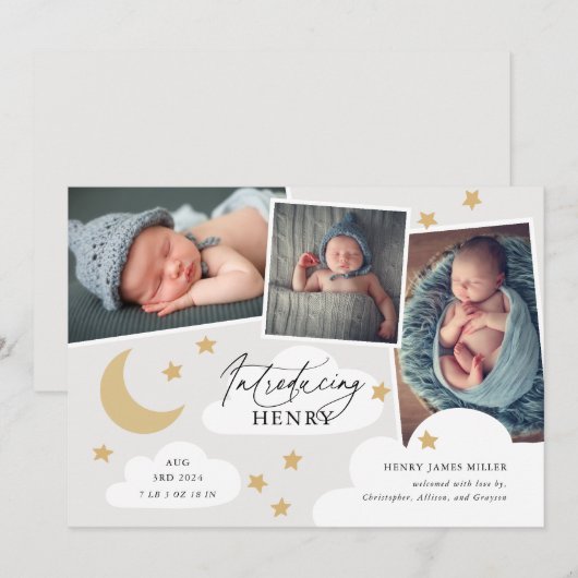 Moon Stars Clouds 3 Foto Collage Gray Birth Annou Aankondiging (Voorkant / Achterkant)