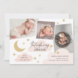 Moon Stars Clouds 3 Foto Collage Pink Birth Aankondiging
