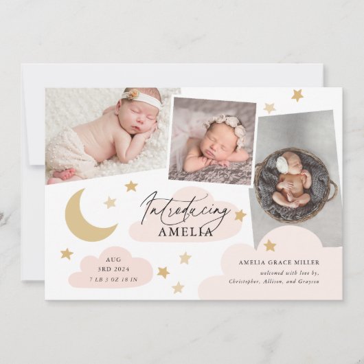 Moon Stars Clouds 3 Foto Collage Pink Birth Aankondiging (Voorkant)