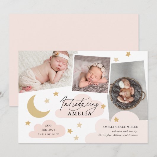 Moon Stars Clouds 3 Foto Collage Pink Birth Aankondiging (Voorkant / Achterkant)