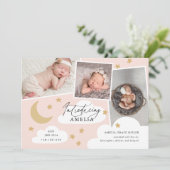 Moon Stars Clouds 3 Foto Collage Pink Birth Annou Aankondiging (Staand voorkant)