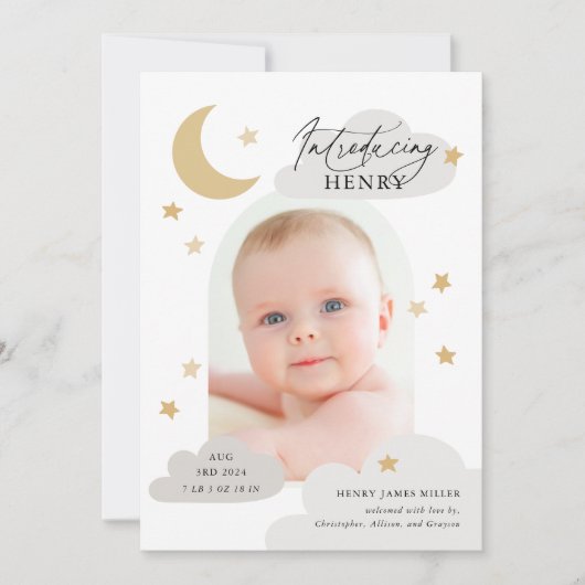 Moon Stars Clouds Arch Foto Gray Birth Aankondiging (Voorkant)