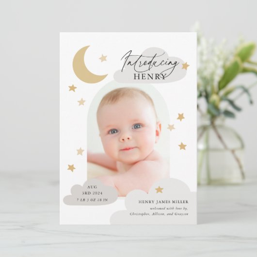 Moon Stars Clouds Arch Foto Gray Birth Aankondiging (Staand voorkant)